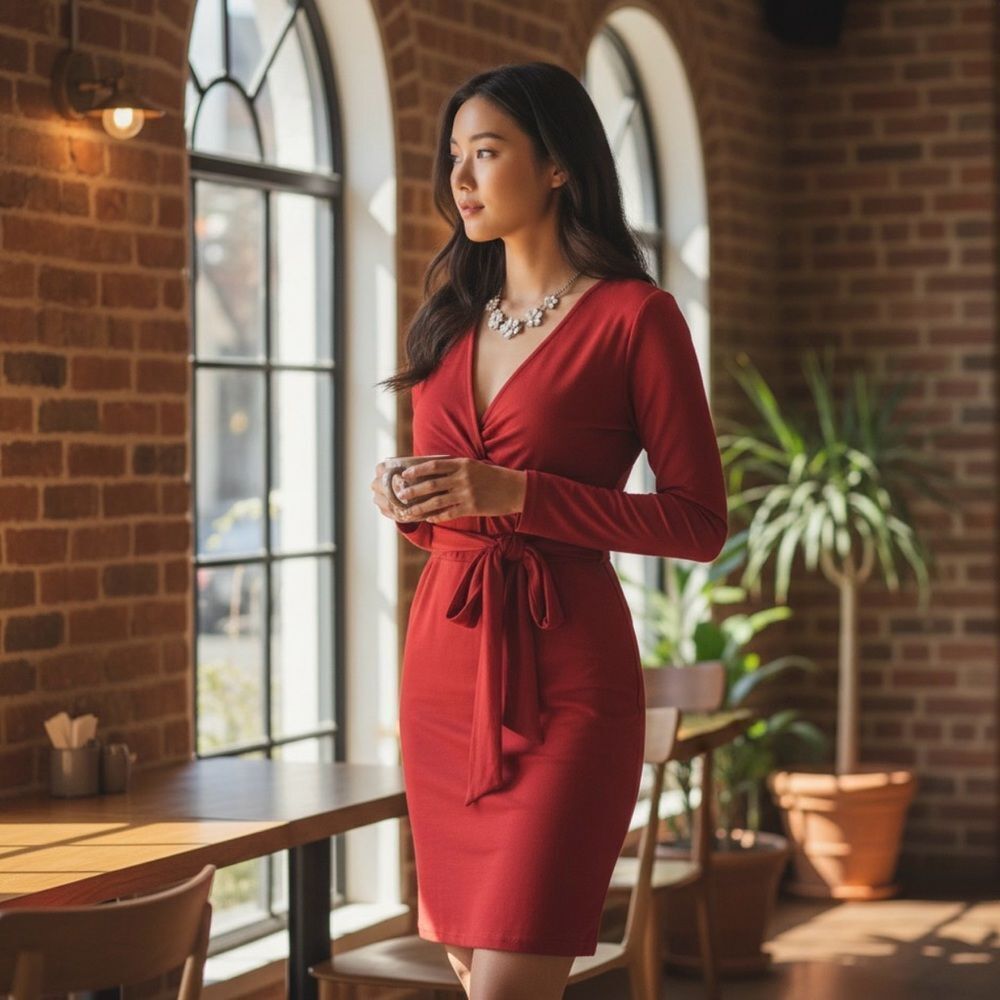 Elegant Red Long-Sleeve Dress with Twist Detail and Self-Tie Waist